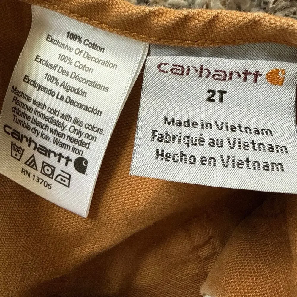 Toddler Carhartt Duck Bib Overalls Brown 100% Cotton Unlined Size 2T